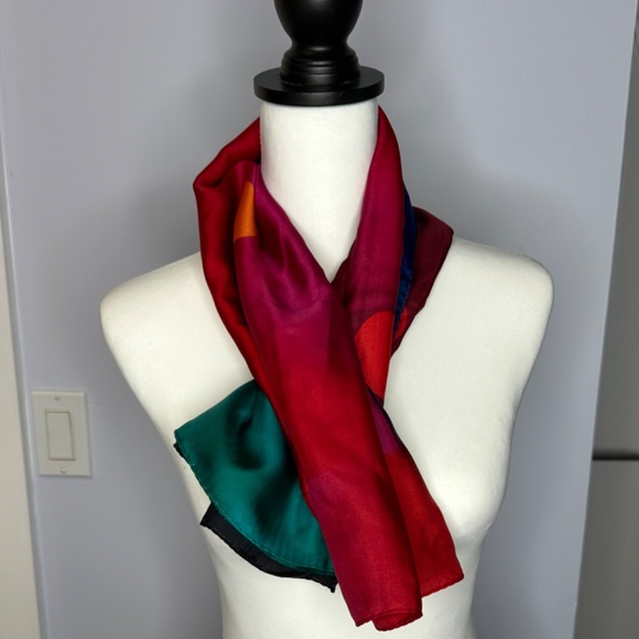 Ellen Tracy 35” square silk scarf. Multi bright colors with multicolored dots. - Picture 4 of 4